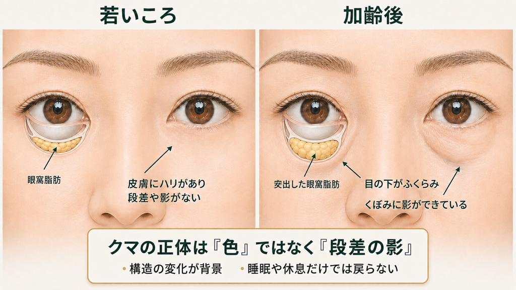 下まぶたの断面で、若いころと加齢後のふくらみ・くぼみの違いと影ができる仕組みを示した図