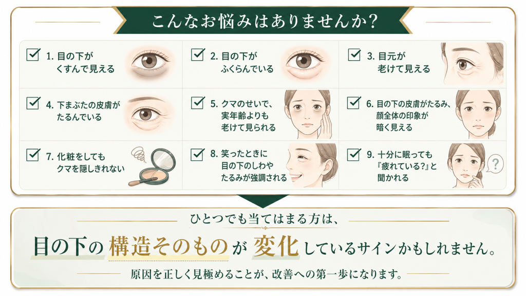 目の下のクマ・たるみでよくある9
つのサインをまとめたチェック図
