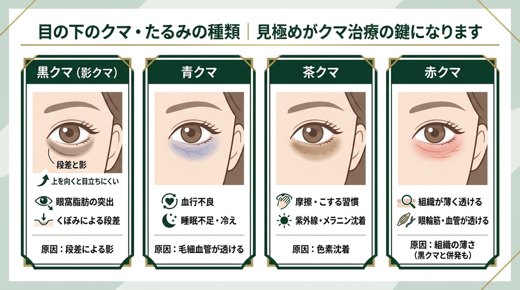 黒クマ（影クマ）・青クマ・茶クマ・赤クマの4種類を比較したイラスト