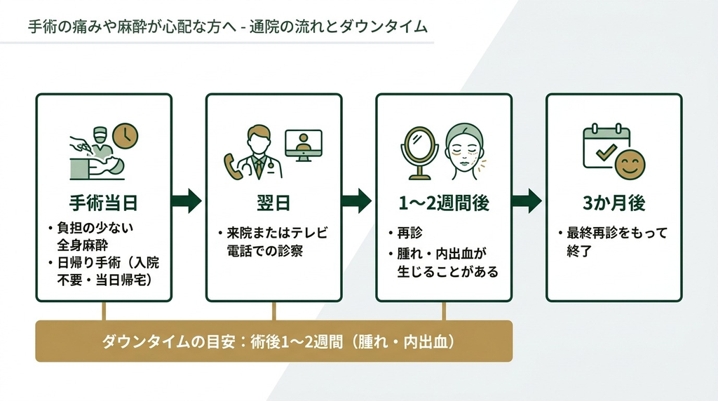 手術当日・翌日・1〜2週間後・3か月後という通院スケジュールとダウンタイムの目安を示した図